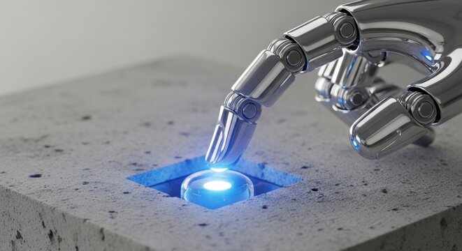 A robotic finger touching a glowing blue button on a textured surface