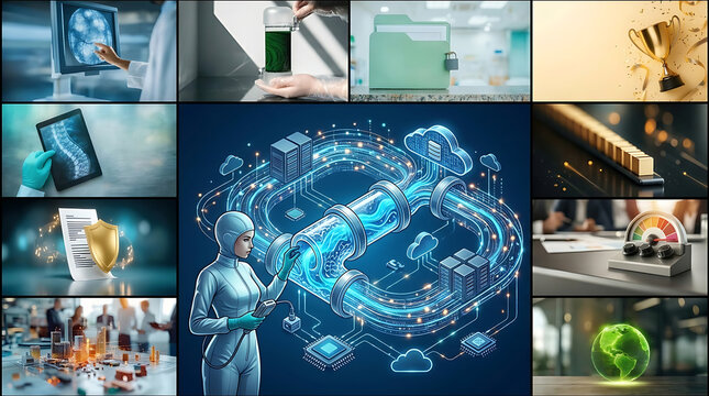 Professional technician inspecting futuristic liquid cooling system with glass coolant loop connector in high-tech cloud computing data center infrastructure illuminated by blue lighting