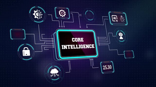 Advanced core intelligence interface showing central neural network nodes and artificial intelligence icons perfect for futuristic robotics research and tech industry ads