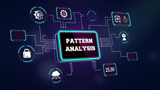 Digital pattern analysis visualization with glowing circuit elements and ai symbols ideal for cybersecurity monitoring videos and software engineering marketing ads