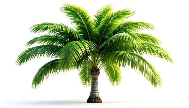 A lush tropical palm tree with green fronds on a white background