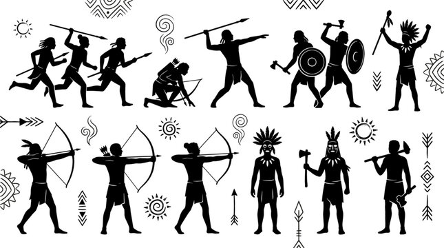 Ancient tribal warrior silhouette collection featuring archers hunters spearmen shields and indigenous cultural combat poses in black vector style.