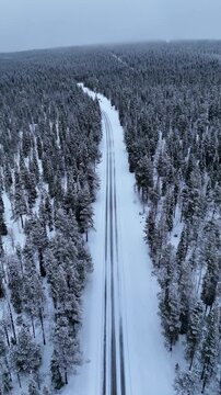 Aerial View of a straight and curve Road Through a Snow-Covered Deep Norway Spruce Forest in the Finish Lapland on a cloudy day with light snow. 4K 60fs vertical forward drone shot, leading lines
