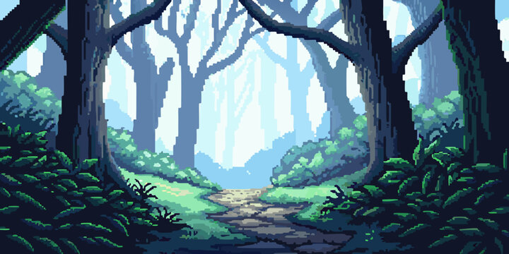 pixel art forest path with trees and foliage