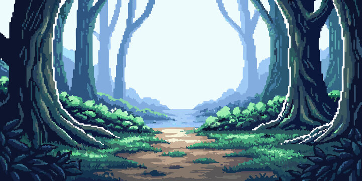 Pixel art forest path with trees and foliage