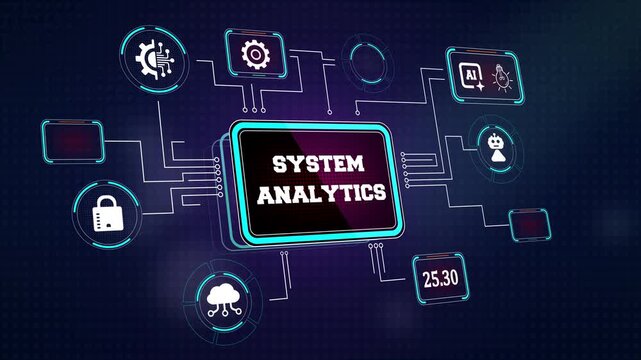 Digital system analytics visualization with glowing circuit board elements and automation symbols ideal for business data research and software engineering videos