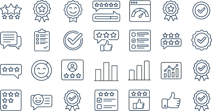 Customer satisfaction and business review icon collection featuring rating feedback analytics approval badges and quality service symbols in outline vector style.