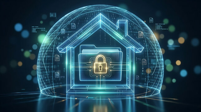 Secure digital document house icon with glowing luminous file and padlock symbol representing internet privacy data safety and encrypted home network protection with high tech neon aesthetic.