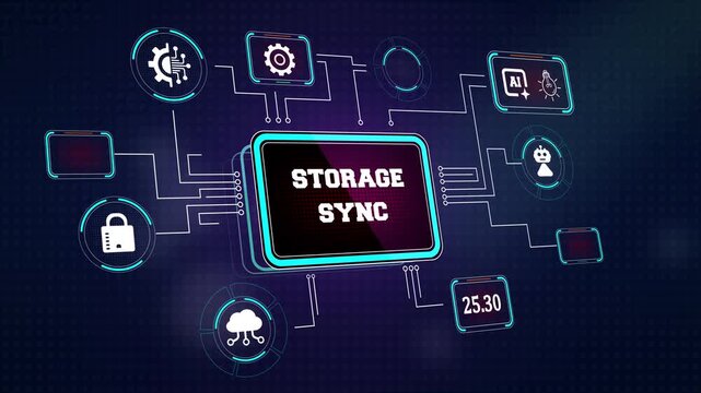 Modern storage sync interface showing automated data backup and virtual cloud network icons perfect for hosting services and personal data protection ads