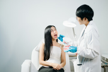 Fototapeta premium Asian Woman Dental Checkup with Dentist Explaining Teeth Model in Modern Clinic