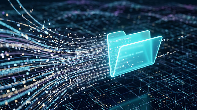 Advanced digital file storage folder containing electronic document with high speed data transfer connection in abstract global communication network for cyber security and cloud computing