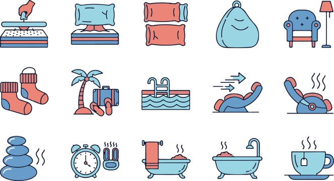 Modern flat line vector icons set for spa wellness home relaxation hotel amenities bath time and comfort lifestyle vector illustration