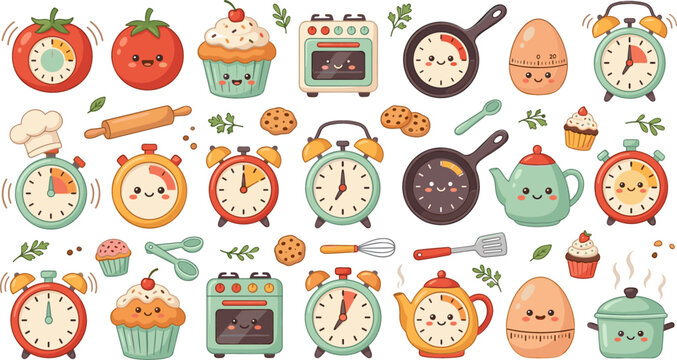 Cute kitchen and cooking timer collection featuring alarm clocks cupcakes teapots pans eggs and baking tools in cartoon vector style.