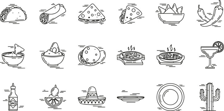 Set of Mexican food and culture line icons including tacos burritos nachos and cactus symbols for culinary digital graphic vector illustration