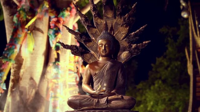 Close-up static shot of a bronze seated Buddha statue with multi-headed naga crown, surrounded by colorful ribbons and drifting smoke in an outdoor temple at night, serene and cinematic atmosphere.
