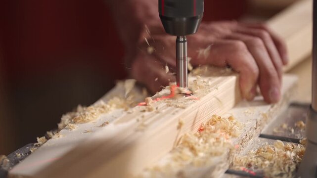 Close up slow motion footage of carpenter drilling precise hole into wooden plank with electric drill in workshop. Flying sawdust and detailed woodworking craftsmanship concept.