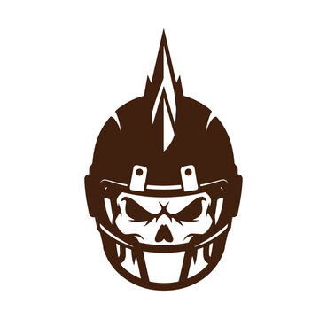 Brown skull wearing a football helmet with a mohawk on a white background