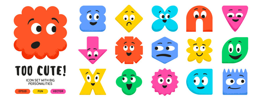Cute geometric shapes with expressive faces and emotions. Colorful abstract figures featuring smiles, eyes, and playful characters for modern design projects