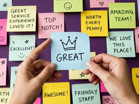 Hands holding a light blue sticky note with the word "Great" and a crown, surrounded by positive feedback messages on a purple board, Satisfaction Concept