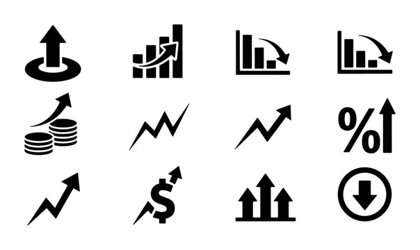 Growth and Decline Icons: Upward and Downward Trends, Financial Charts, Percentage Symbol, Stacked Coins, Business Analytics, Vector Set