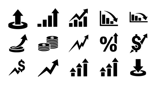 Financial Growth and Decline Icons Set, Business Analytics Vector Graphics, Stock Market Trends and Data Visualization Symbols