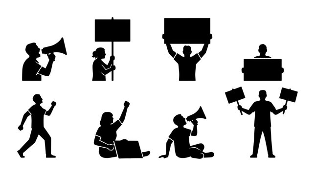 Protest Icons Set, Activism Silhouettes, Megaphone and Sign Graphics, Social Movement Vector Collection
