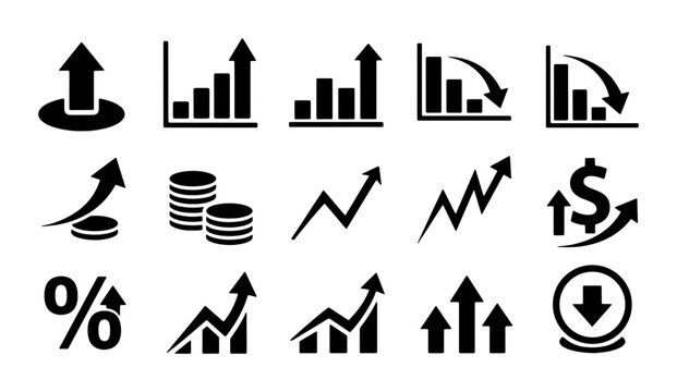 Modern Business Growth Icons Set: Upward Trends, Financial Charts, and Percentage Symbols for Analytics and Strategy