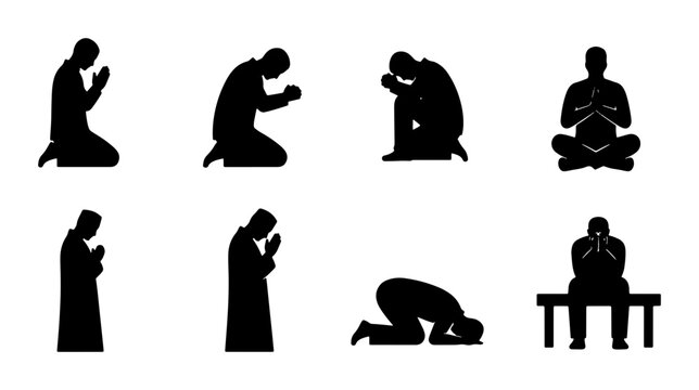 Islamic Prayer Silhouettes, Muslim Worship Poses, Diverse Praying Figures, Religious Devotion Icons, Vector Set
