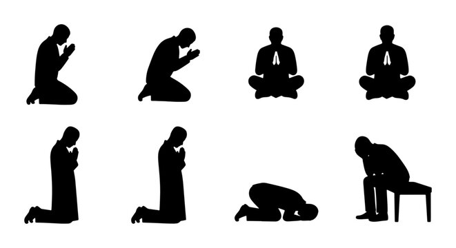 Silhouette Prayer Poses Collection, Diverse Human Figures in Worship and Meditation, Spiritual and Religious Vector Icons