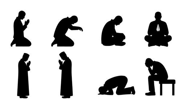 Islamic Prayer Silhouettes, Muslim Worship Poses, Religious Devotion Icons, Diverse Prayer Positions Vector Set