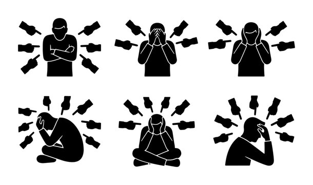 Social Pressure Icons: Accusation, Blame, and Stressful Situations, Set of 6 Black Silhouettes