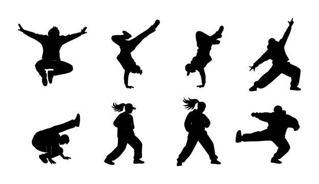 Breakdancing Silhouette Collection, Dynamic Hip Hop Dance Poses, Urban Street Style Movement Graphics, Set of 8 Black Figures