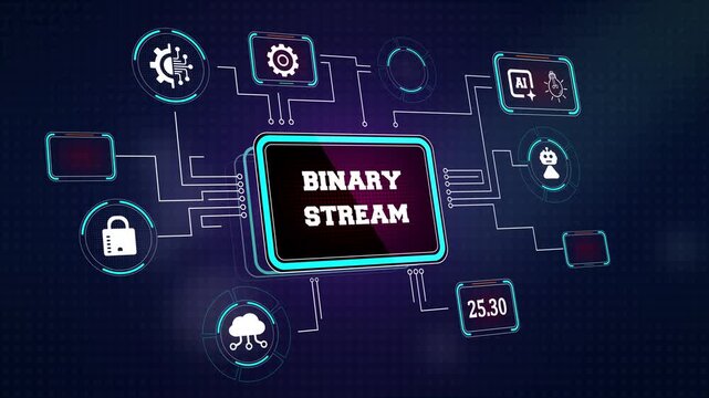 Dynamic binary stream interface showing automated data code processing and network connectivity nodes perfect for computer programming and tech infrastructure ads