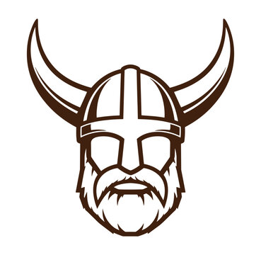 Viking warrior head with horned helmet and beard illustration