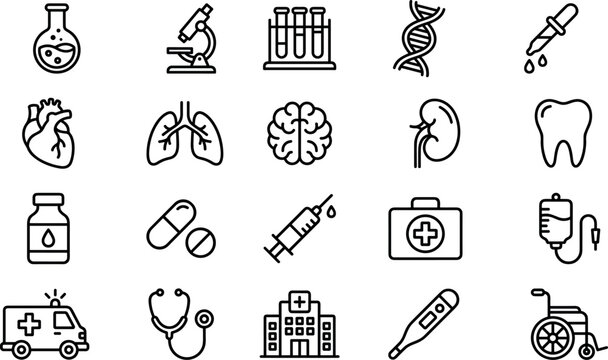 Comprehensive minimalist black line medical icon set for healthcare anatomy hospital services and professional laboratory research