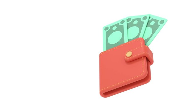 Wallet and money 3D animation red orange leather bifold wallet with green banknotes, gold button, positioned right on a white background, wide copy space left, representing personal finance and saving