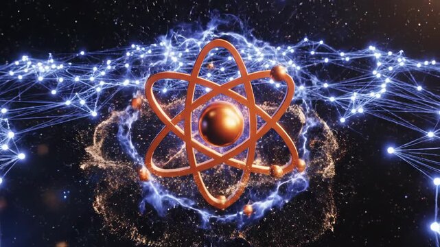 A vibrant, stylized depiction of an atom surrounded by glowing energy lines and a starry background, symbolizing scientific discovery and the fundamental building blocks of matter.