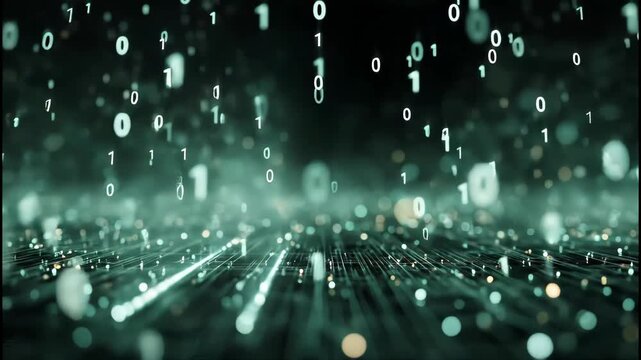 Digital rain of binary code falls on a circuit board with bokeh lights