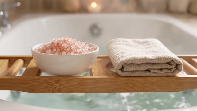 Pink bath salt in bowl with folded towel on wooden tray over steaming bathtub evoking calm and relaxation