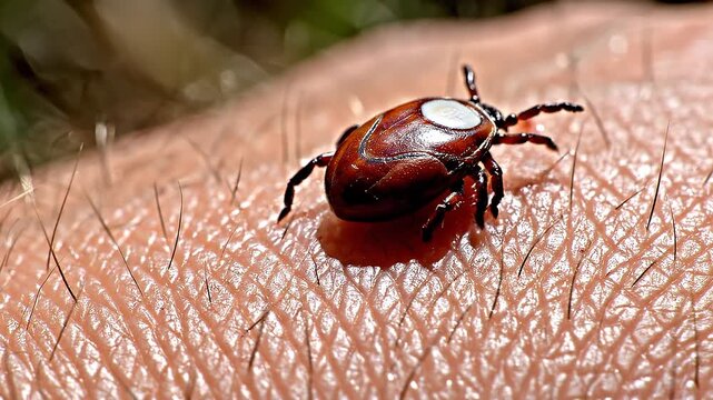 Close up video of tick crawling on human skin.