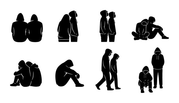 Hooded Figures Silhouette Collection, Urban Youth Group Icons, Sad Teenager Poses, Minimalist Black and White Vector Art for Social Commentary