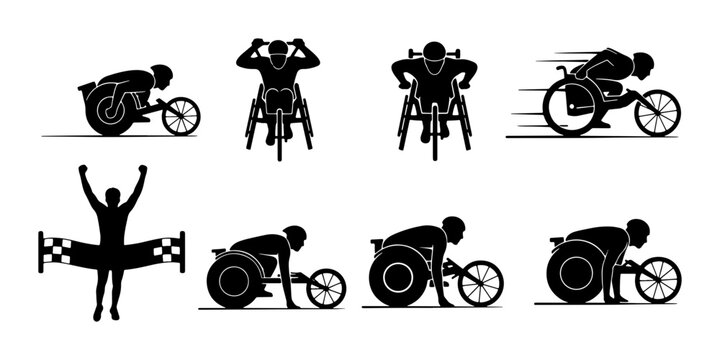 Wheelchair Racing Icons, Paralympic Athlete Silhouettes, Sports Competition Vector Set, Victory and Speed Graphics