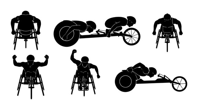 Wheelchair Racing Athletes, Paralympic Sports Icons, Dynamic Action Silhouettes, Competitive Disabled Sports Vector Set