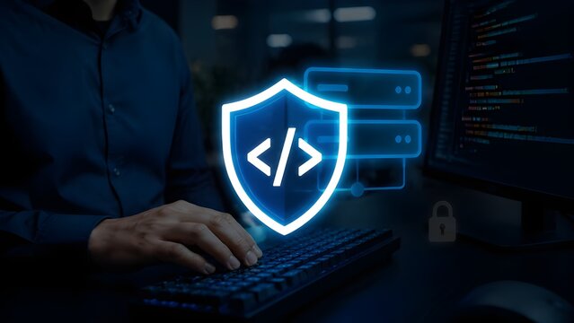 Digital code and shield icon for software security, cyber protection and secure programming concept