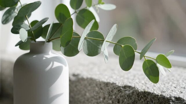 Eucalyptus stem branch vase minimalist white sunlit window ledge soft natural light still life with round green leaves creating calm mood