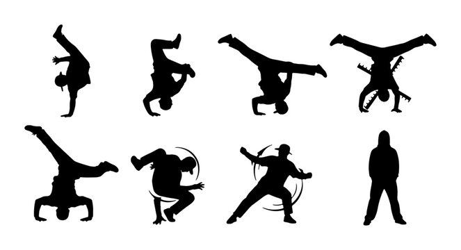 Breakdancing Silhouettes Collection, Hip Hop Dance Moves Set, Urban Street Style Vector Graphics, Dynamic Acrobatics Poses