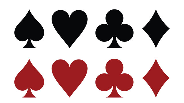 Playing card suits vector icon set, spade, heart, club, and diamond symbols for casino, poker, gambling, card games, and luck themes