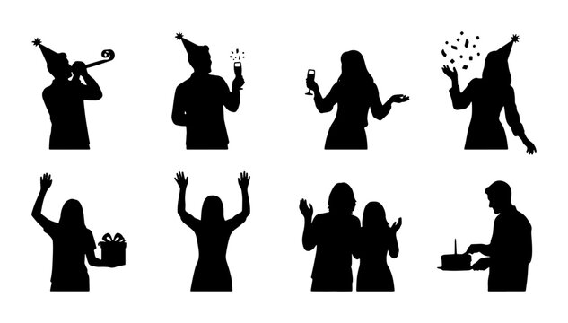Celebration Silhouettes: Party People, Birthday Cake, Gifts, Confetti, Toasting, Vector Icons for Festive Events, Joyful Gatherings, and Holiday Designs