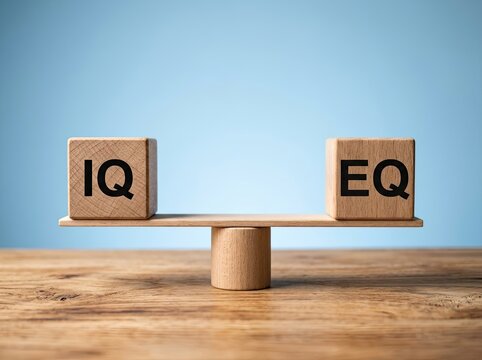 Wooden blocks balancing, representing IQ and EQ, set against a blurred light blue backdrop, comparing intelligence, Emotional Intelligence Concept.