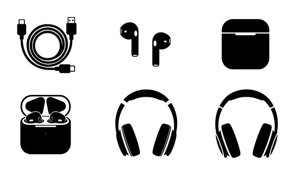 Wireless Earbuds, Headphones, Charging Cable Icons Set: Modern Audio Accessories, Tech Gadgets, Digital Connectivity Vector Graphics